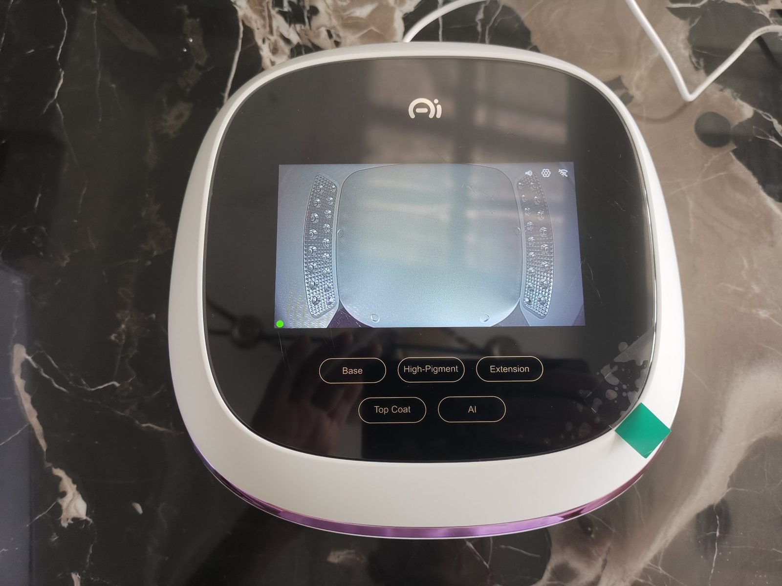 AI Smart Nail Lamp 5.5 inch touchscreen with Base, High-Pigment, Extension, Top Coat and AI mode keys and live camera view