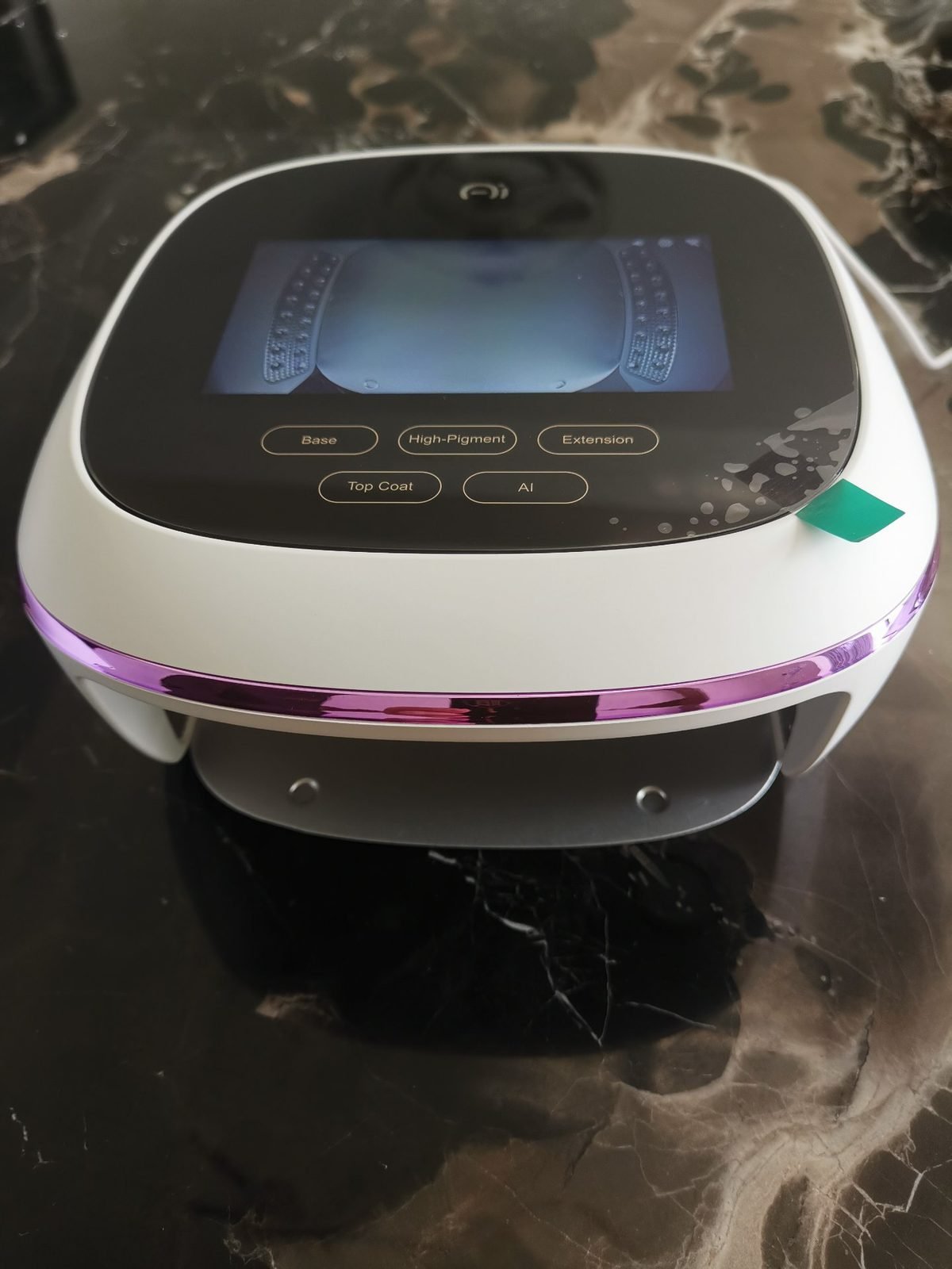 AI Smart Nail Lamp front view showing hand slot and purple chrome trim band