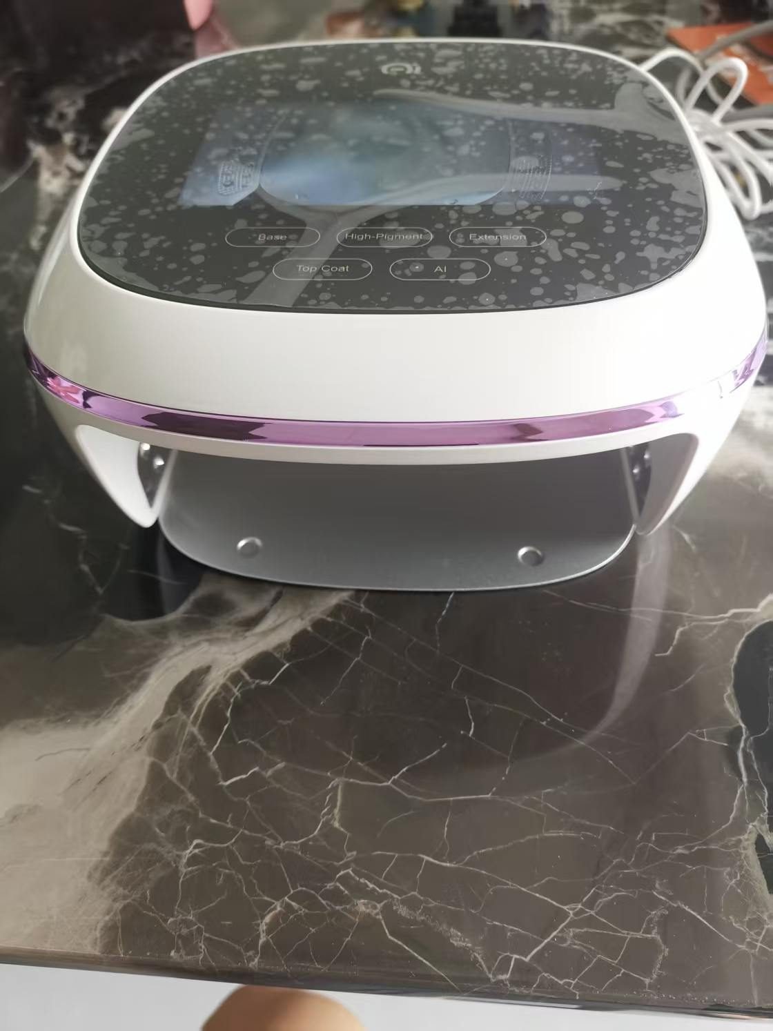 AI Smart Nail Lamp glossy wipe-clean top panel with water droplets