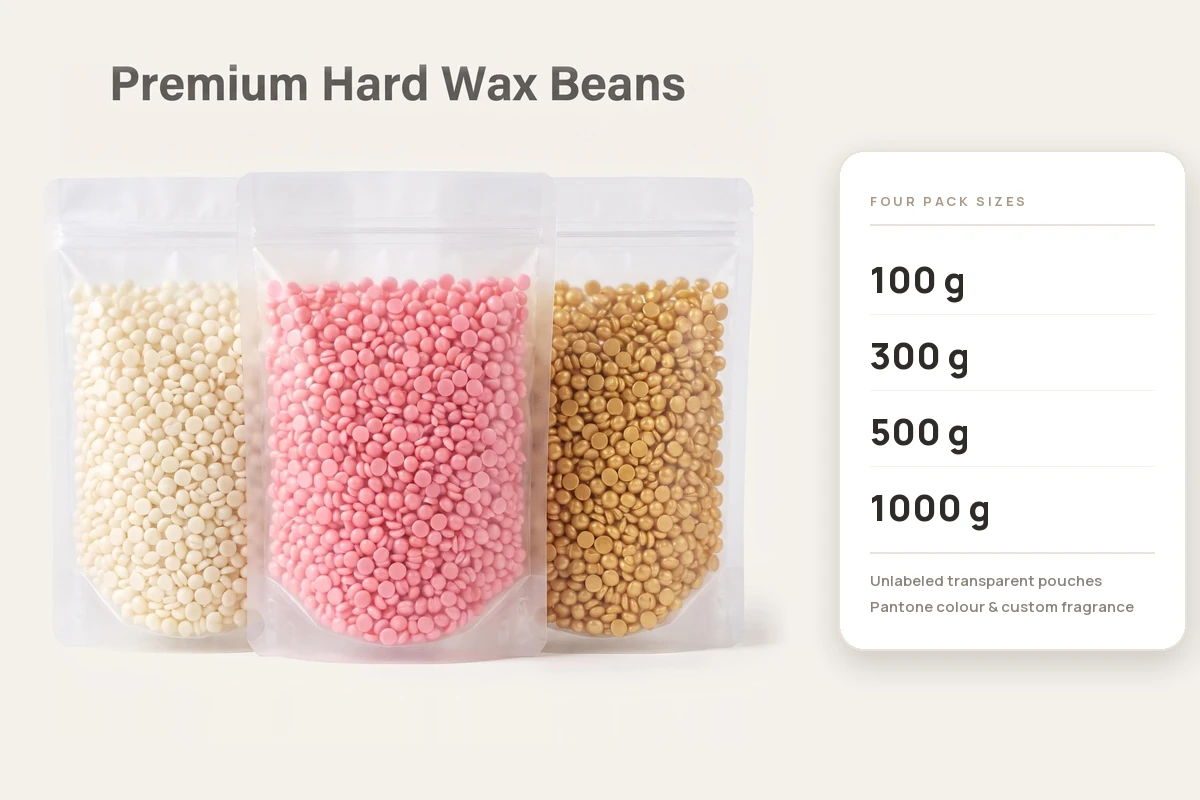BeauTome hard wax beads in unlabeled transparent pouches, with the four stock pack sizes 100 g, 300 g, 500 g and 1000 g marked for comparison