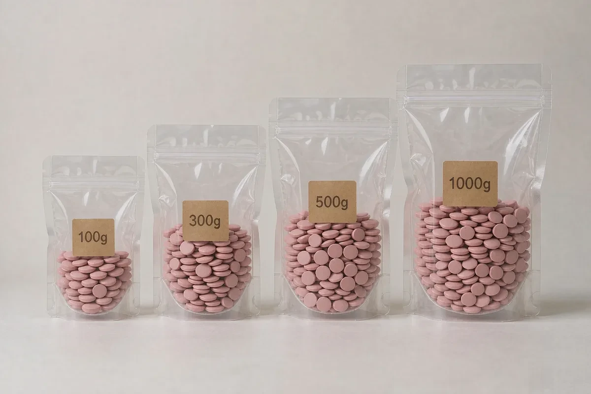 BeauTome A2 consumer-grade hard wax beans packed in 100 g, 300 g, 500 g and 1000 g unlabeled pouches, shown side by side at their true relative sizes