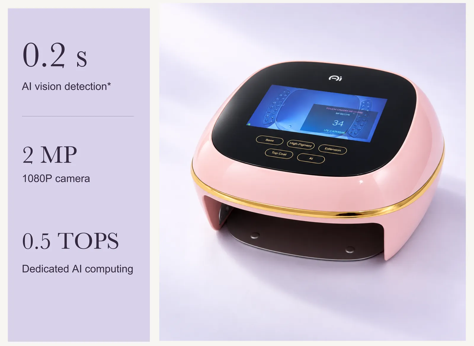 AI Smart Nail Lamp vision intelligence — 0.2 s AI detection, 2 MP camera and 0.5 TOPS on-device computing