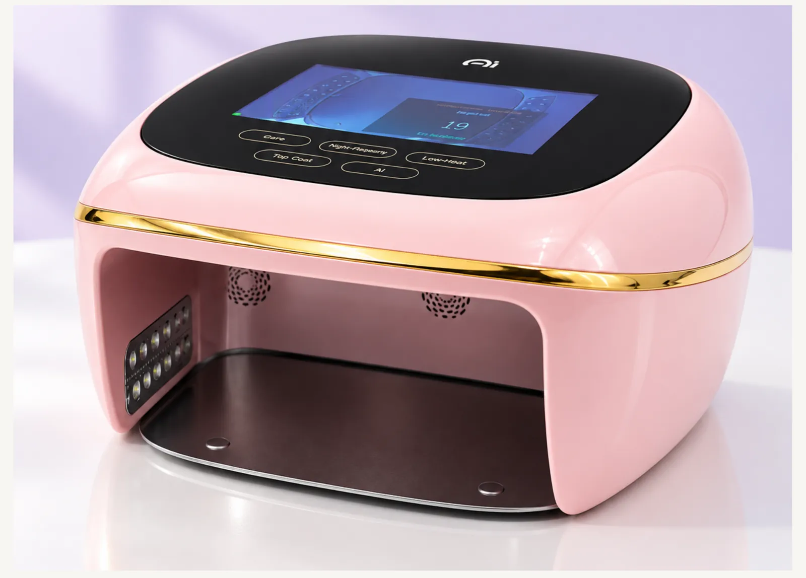 AI Smart Nail Lamp adaptive light — 136 dual-wavelength LEDs arranged front and side around the curing chamber