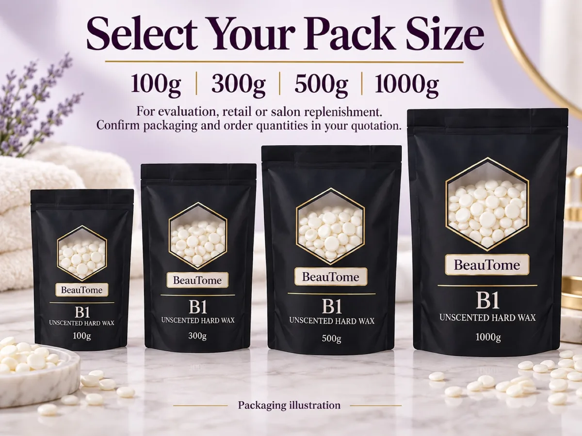 B1 hard wax packaging options: 100g, 300g, 500g and 1000g