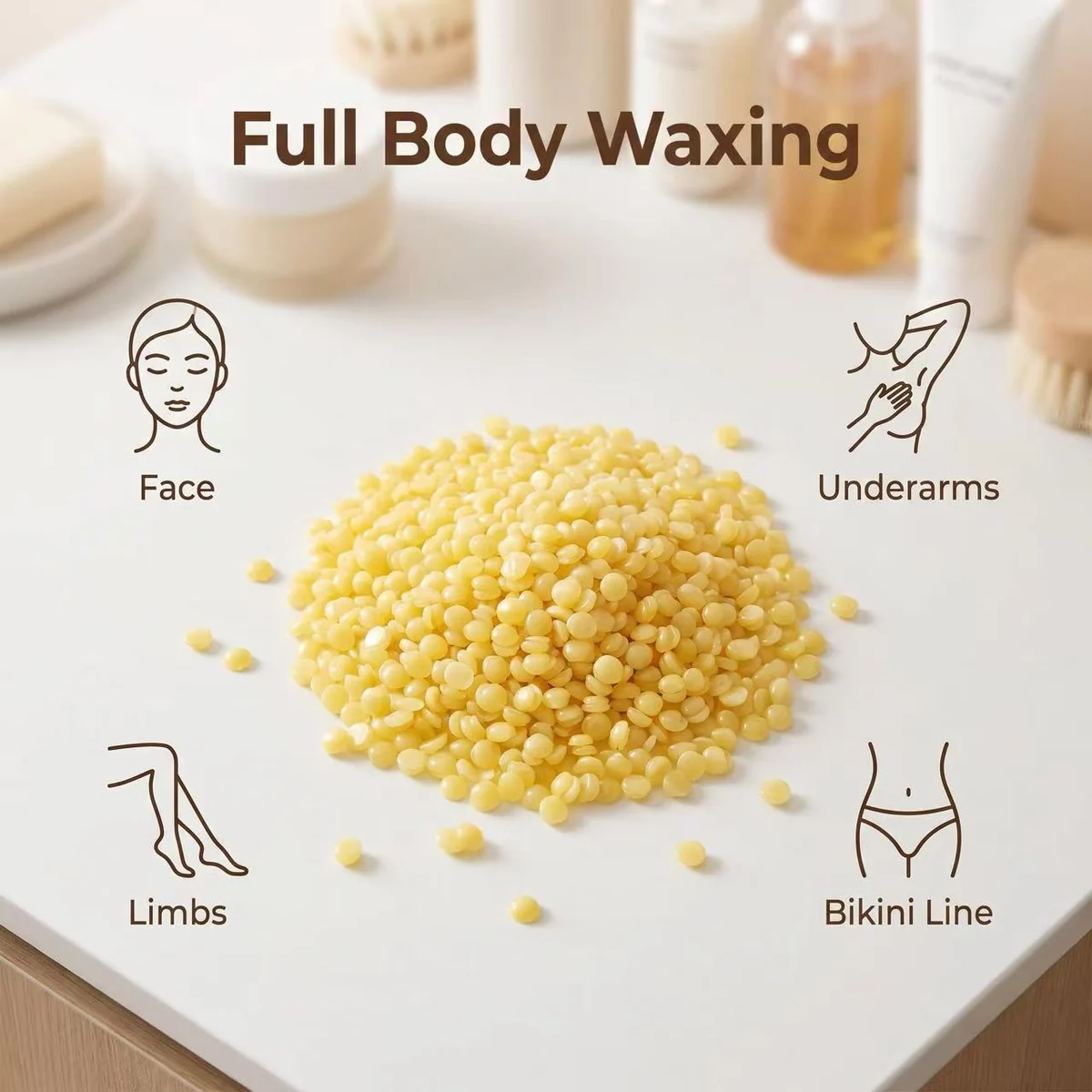 Treatment areas covered by a full-body waxing service: face, underarms, limbs and bikini line