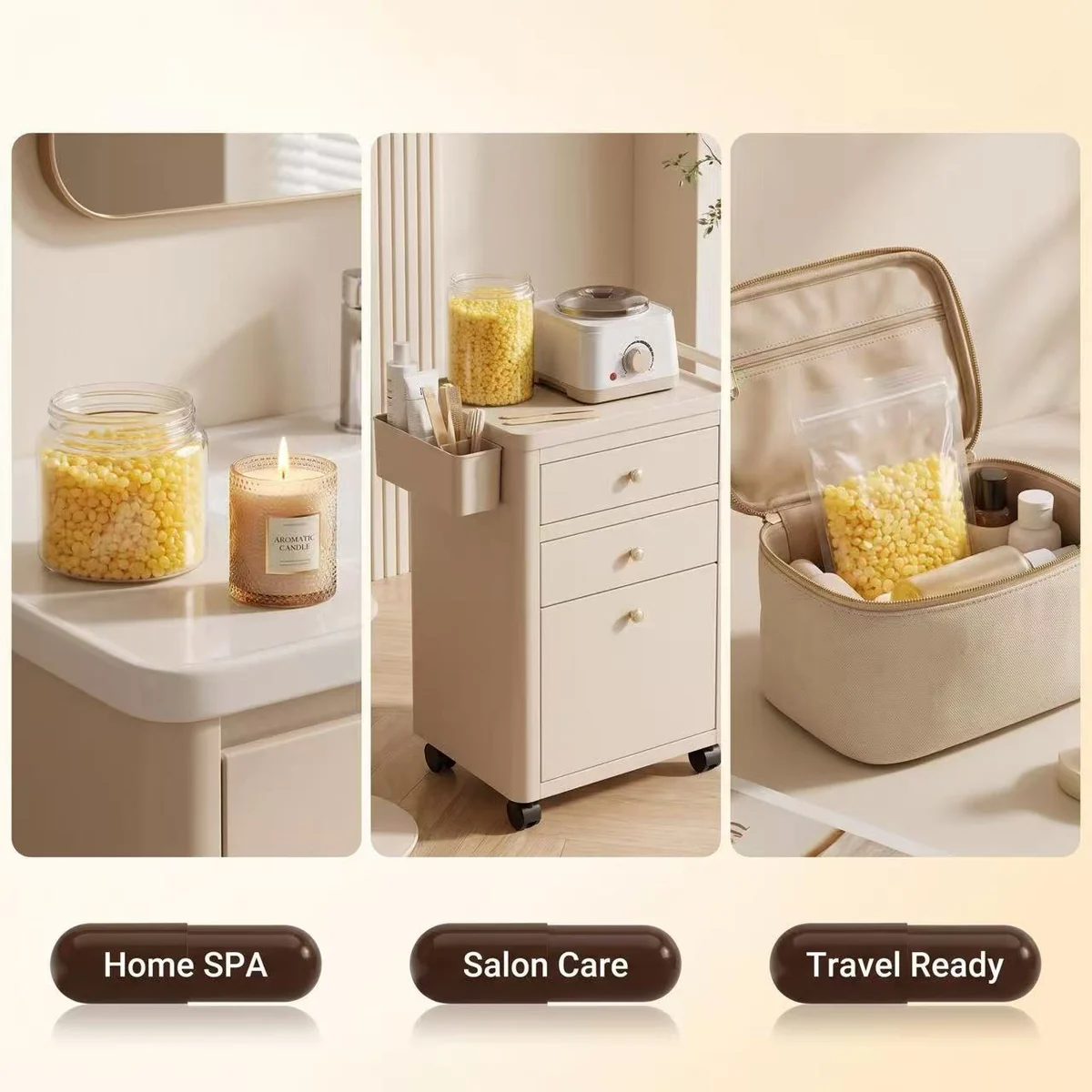 Hard wax packs set up for home spa, salon care and travel formats