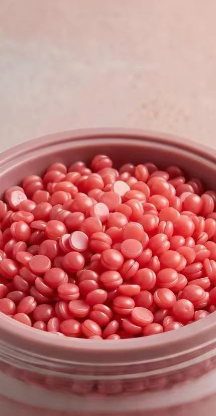 A2 rose pink hard wax beads held in the supply jar