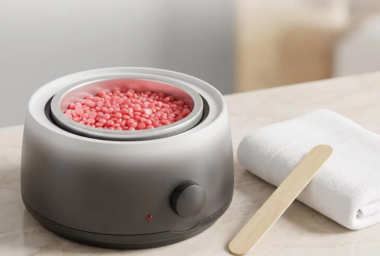 Consumer-grade hard wax beads melted to an even pool in a small home wax heater, with a wooden spatula and folded towel ready