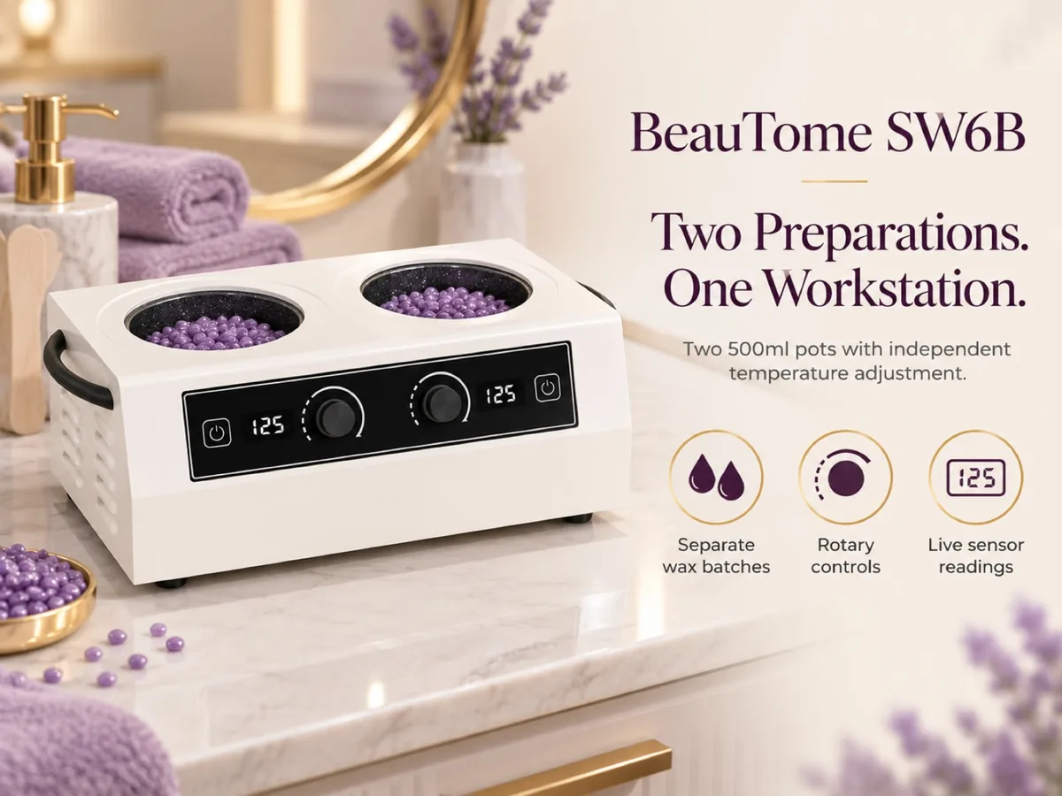 Dual pot professional wax warmer with two 500 ml pots and independent temperature control for salon chains