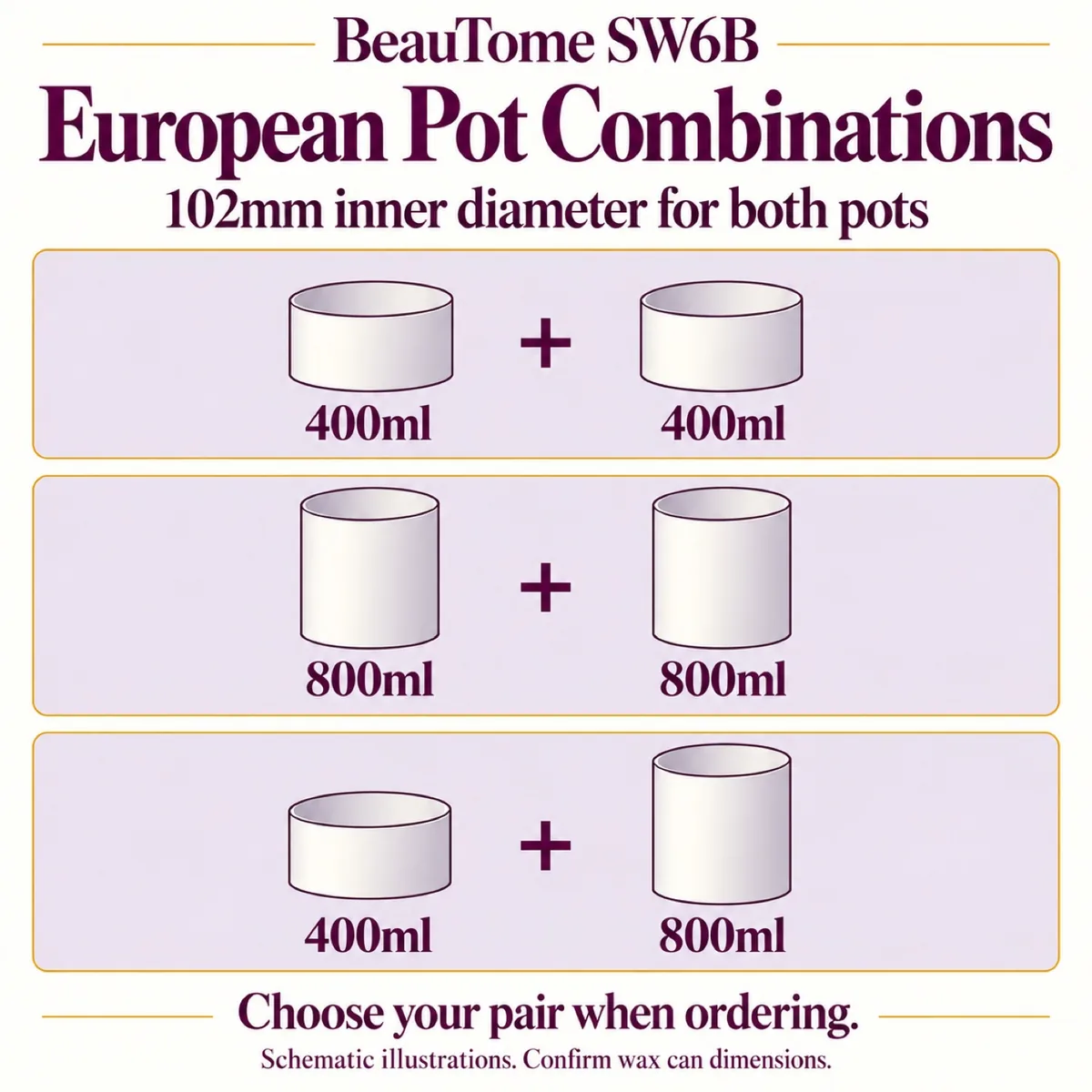 European 102mm wax can configurations: 400 plus 400, 800 plus 800, and 400 plus 800ml