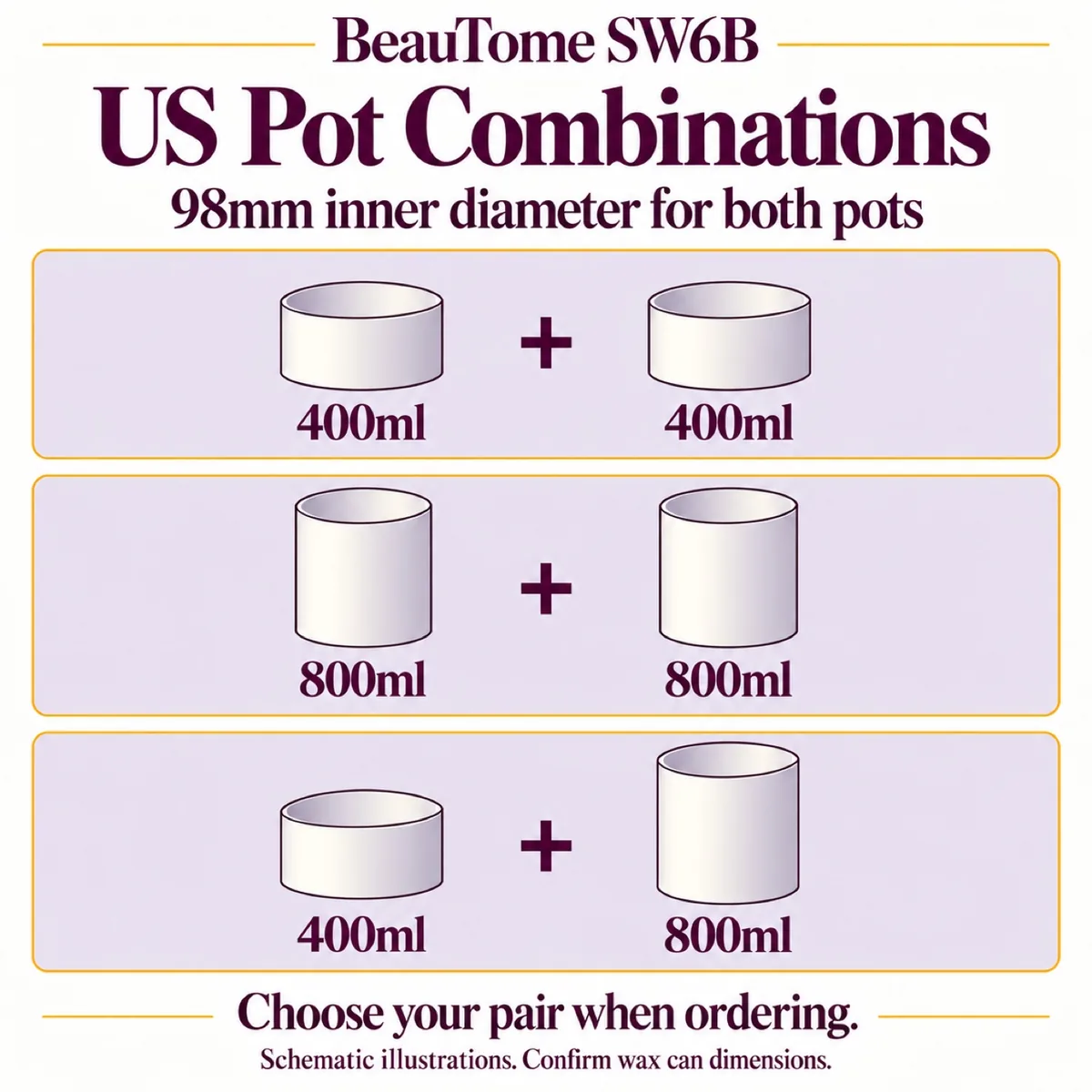 US 98mm wax can configurations: 400 plus 400, 800 plus 800, and 400 plus 800ml