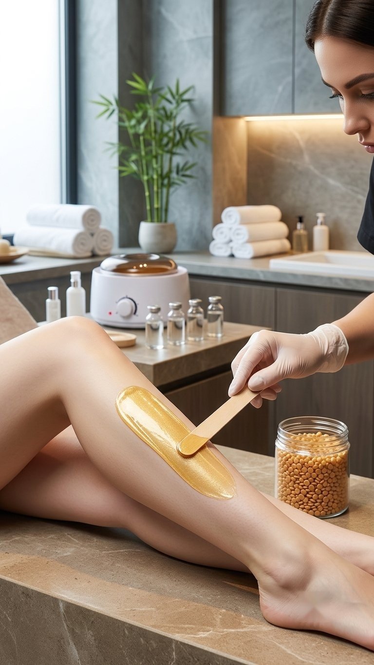 Golden rosin-free hard wax being applied during a professional salon leg waxing service — Formula A1 flagship wax