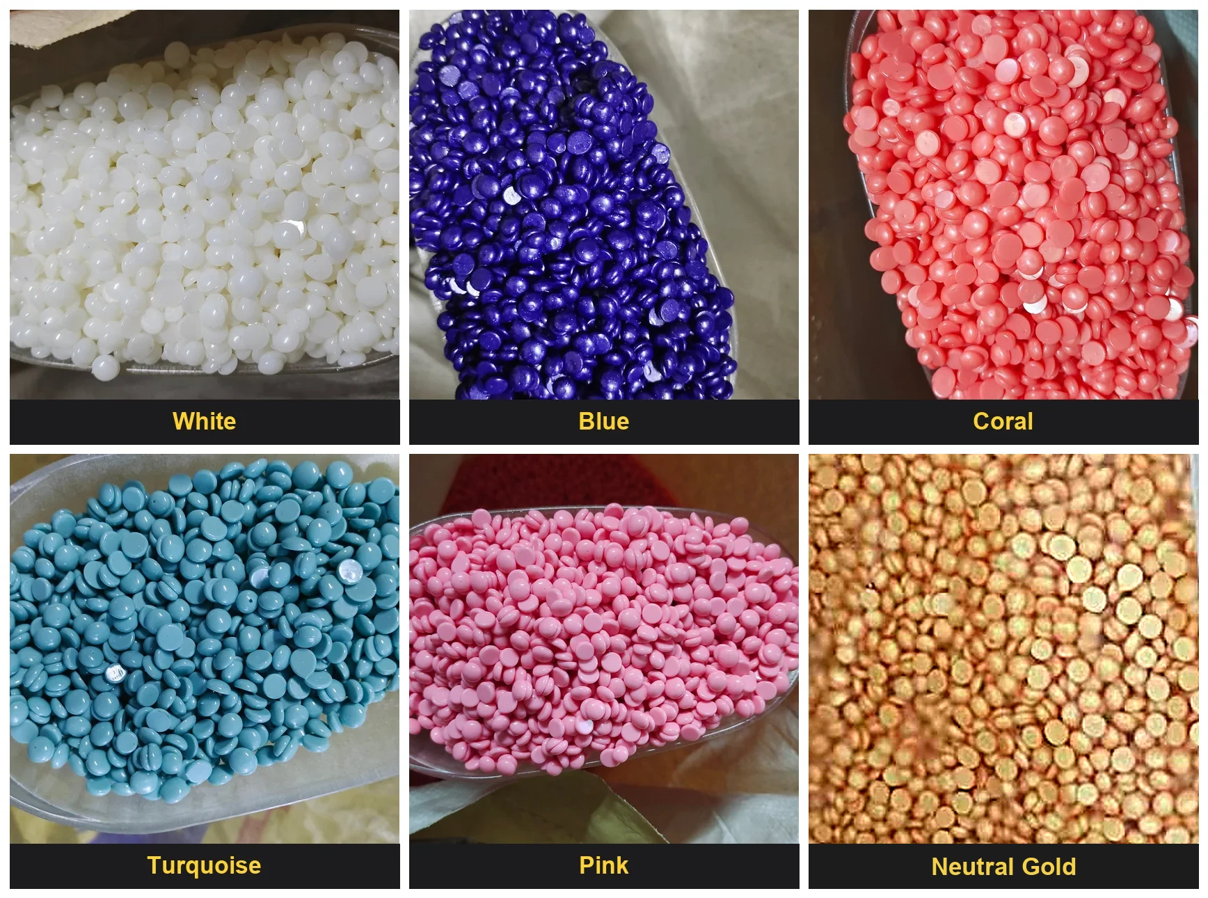 BeauTome hard wax beads — flat disc shape shown in the six stock colors: white, blue, coral, turquoise, pink and neutral gold