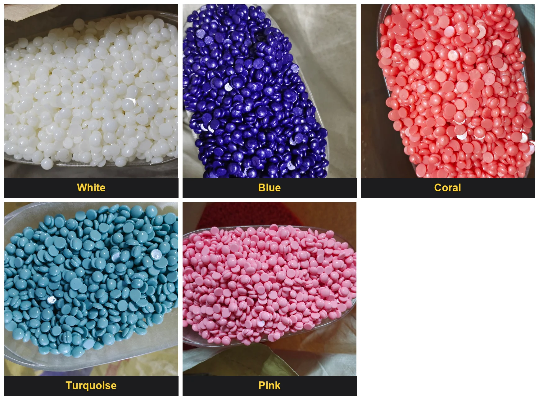 BeauTome hard wax beads — flat disc shape shown in white, blue, coral, turquoise and pink