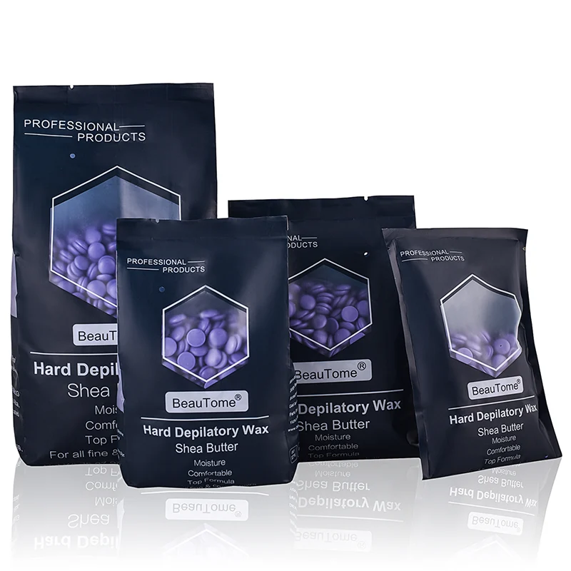 BeauTome consumer-grade hard wax beads — violet film-wax bags in four retail sizes