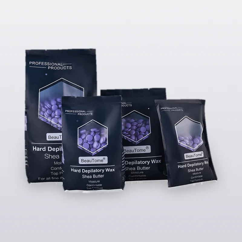 BeauTome consumer-grade hard wax beads — violet film-wax bags in four retail sizes