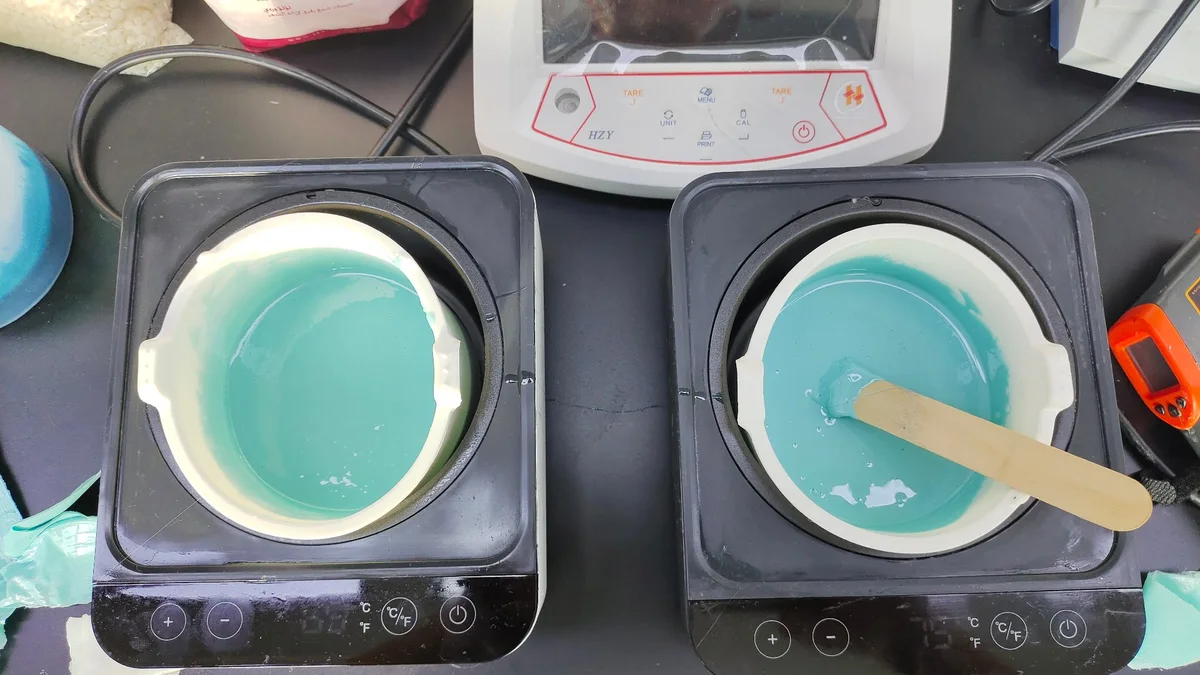 BeauTome lab - wax color sample cups on the lab bench