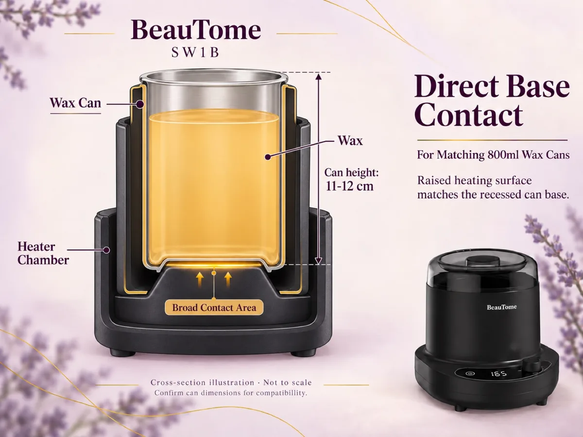 Cross-section illustration of direct base contact with a matching 800ml wax can