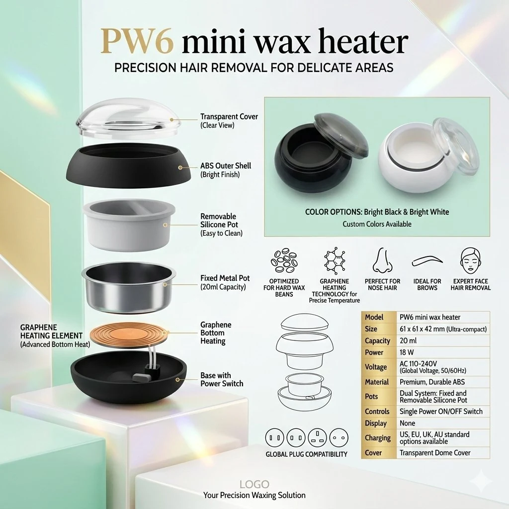 PW6 mini wax heater infographic: exploded view, features and full specification sheet