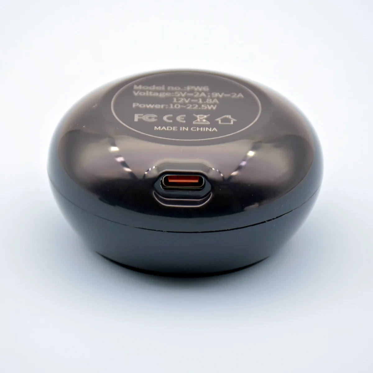 PW6 base label with model number, voltage and power ratings, FCC and CE marks