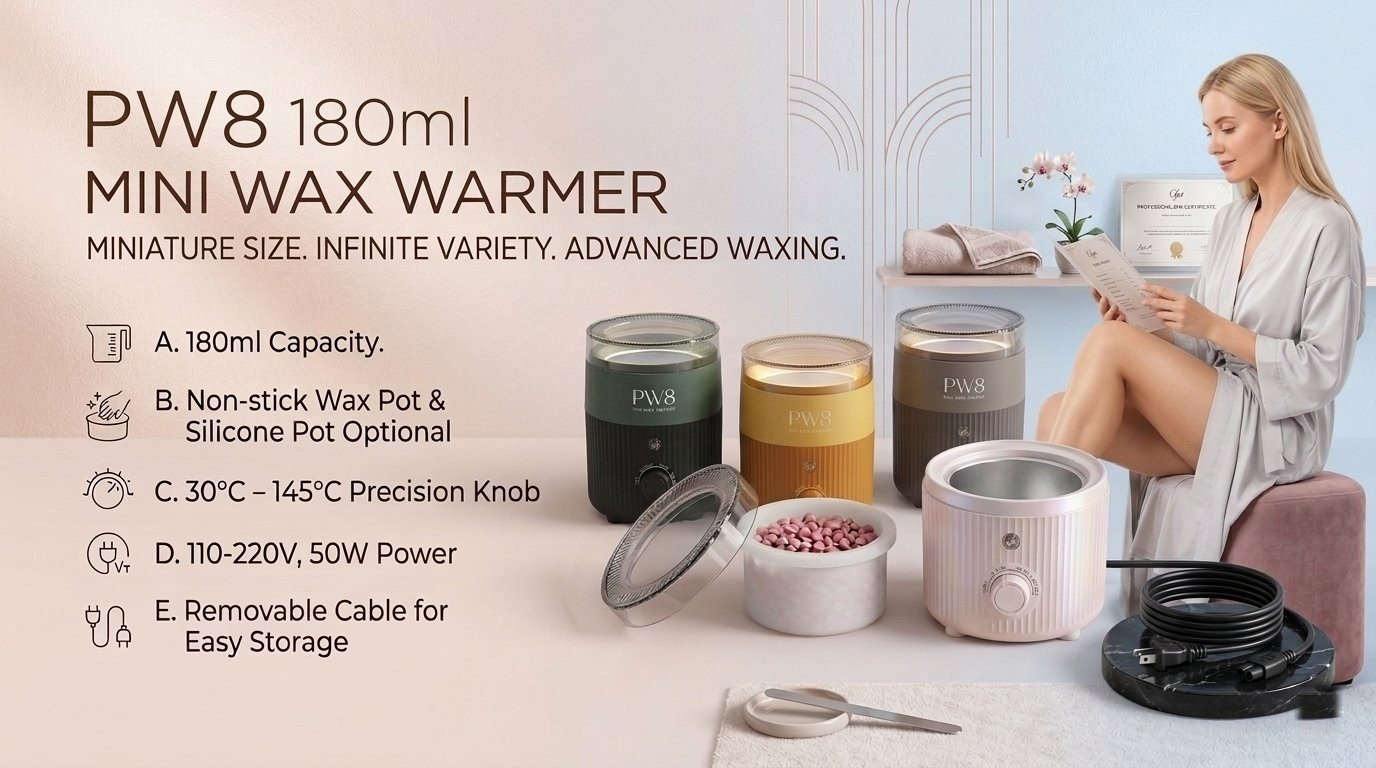 PW8 180ml mini wax warmer with precision temperature knob, ideal for home salons and mobile beauty professionals
