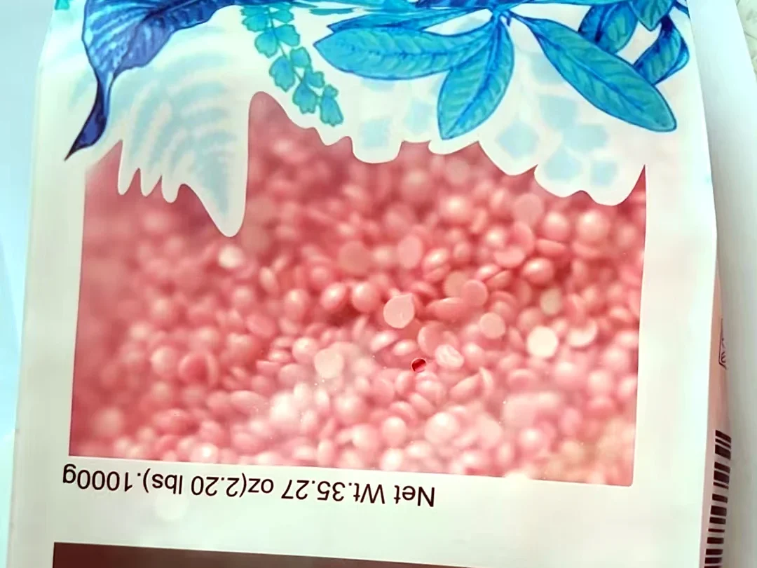 BeauTome pink rosin-free hard wax full retail bag — real photo of printed private-label packaging