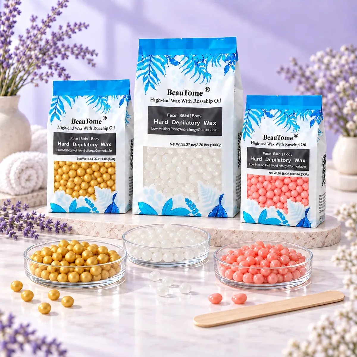 BeauTome rosin-free hard wax beads in gold, milky jade and pink