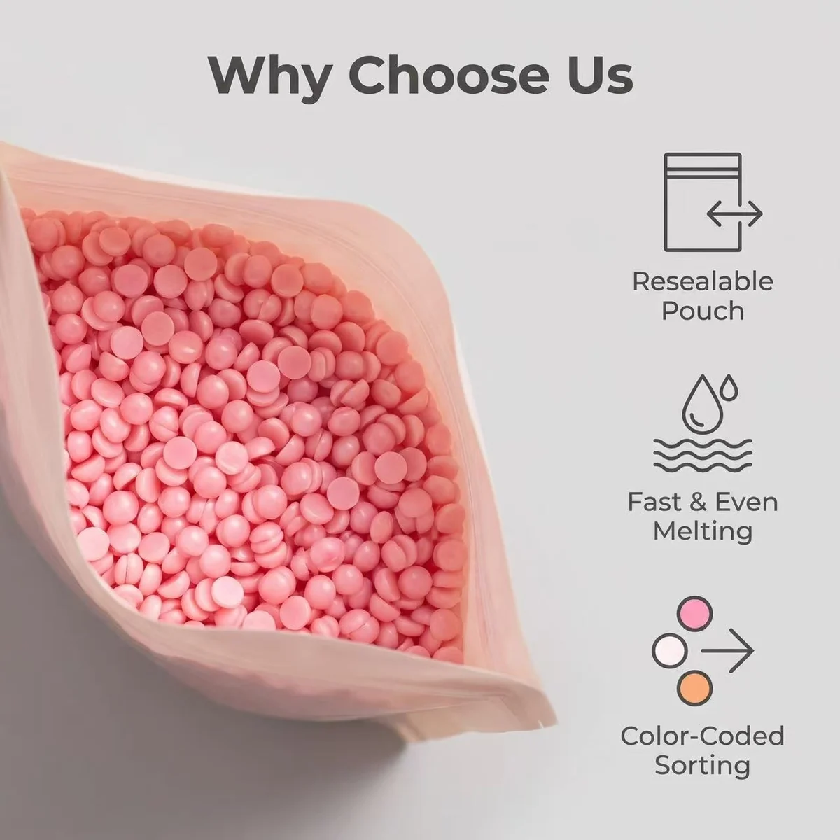 Why choose BeauTome rosin-free hard wax — resealable pouch, fast and even melting, color-coded sorting