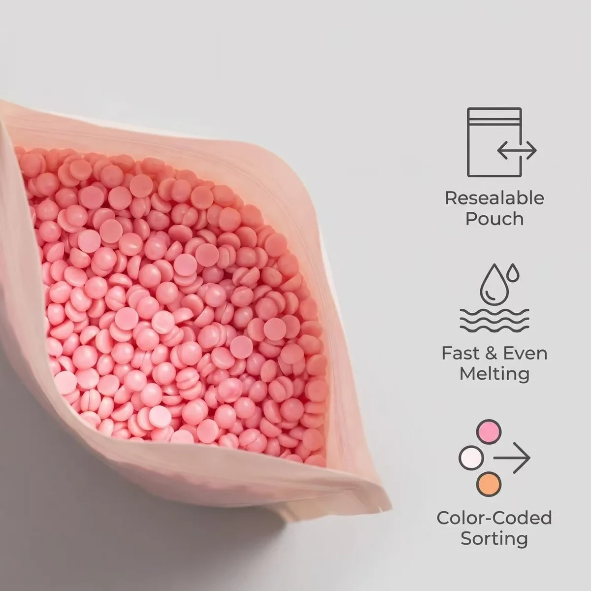 BeauTome rosin-free hard wax beads in a resealable pouch, with fast and even melting and color-coded sorting