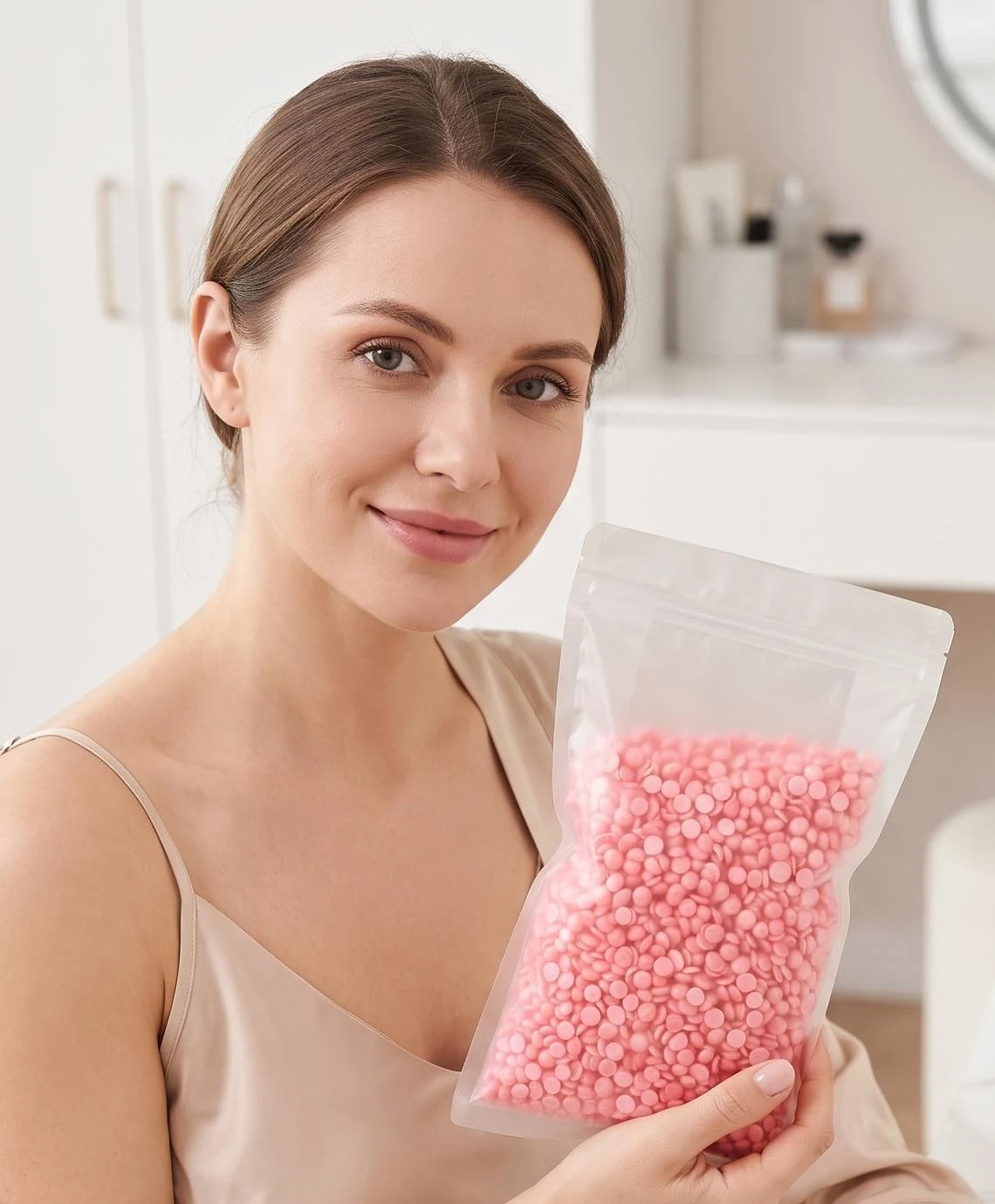 Holding a pouch of rosin-free hard wax beads before a waxing treatment