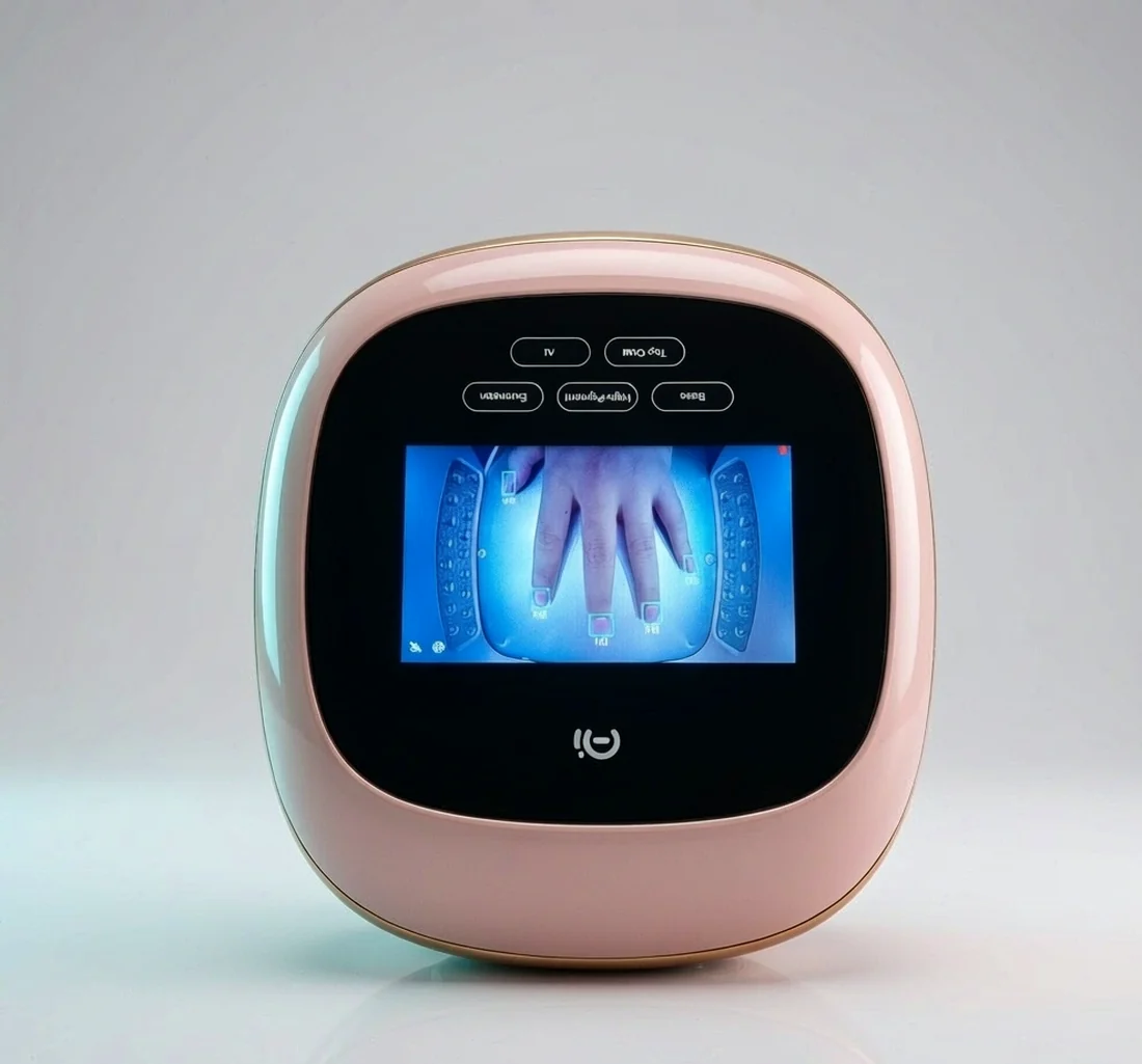 AI smart nail lamp with 2MP camera and live nail scanning interface on the HD touchscreen