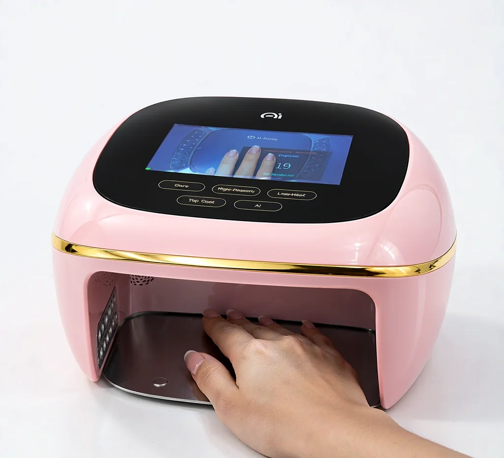 Hand placed inside the BeauTome AI Smart Nail Lamp — the touchscreen shows the live AI nail scanning interface