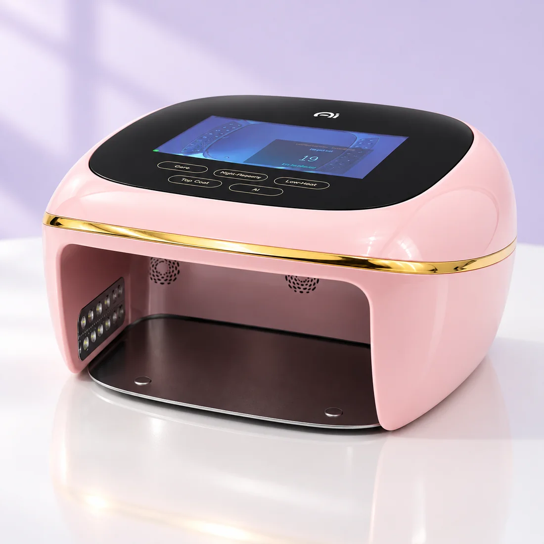 AI Smart Nail Lamp V2 interior — front and side dual-wavelength LED arrays around the curing chamber
