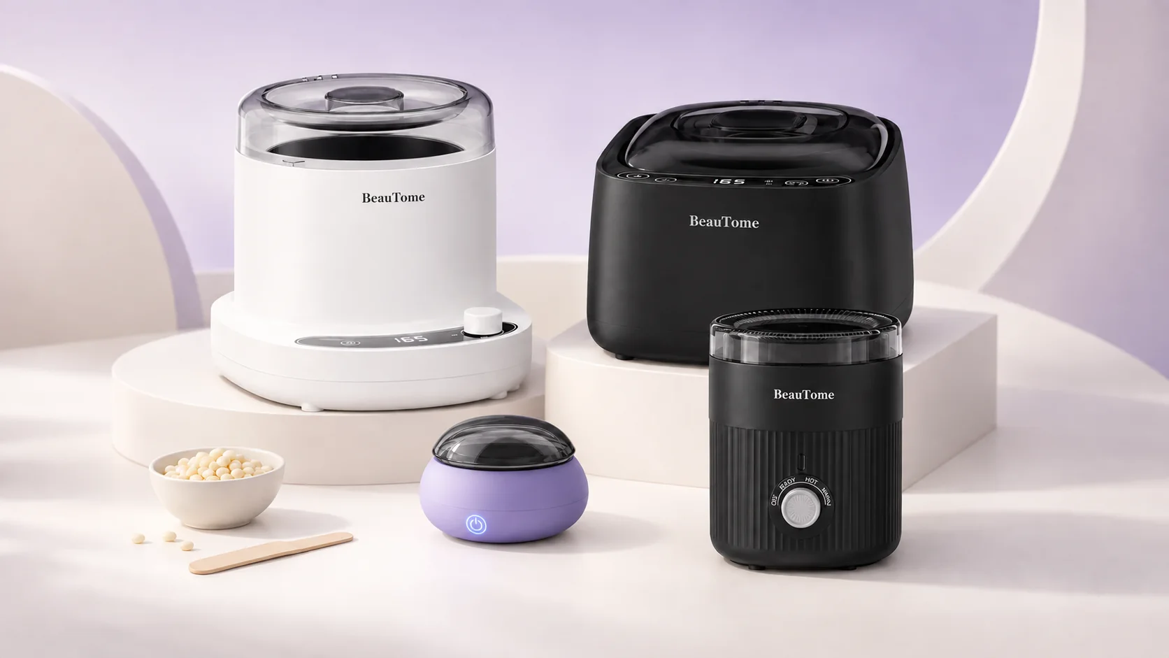 BeauTome wax heater family — digital, premium and portable models with hard wax beads