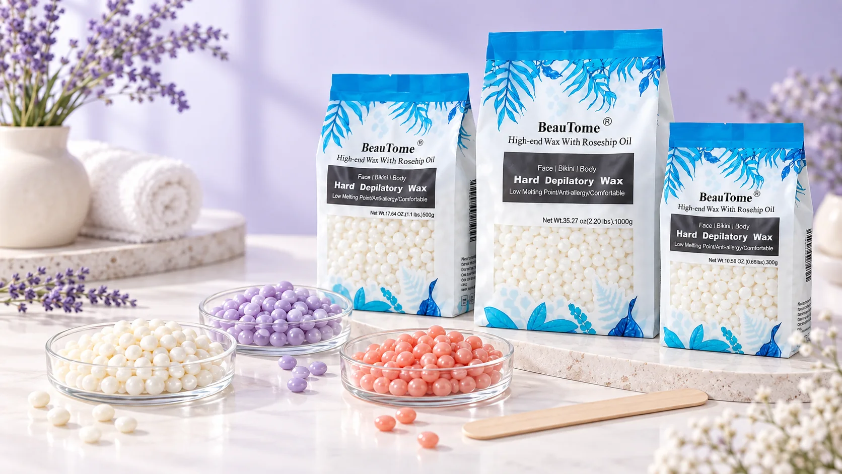 BeauTome private-label hard wax — three retail bag sizes with lavender, peach and pearl wax beads in salon setting