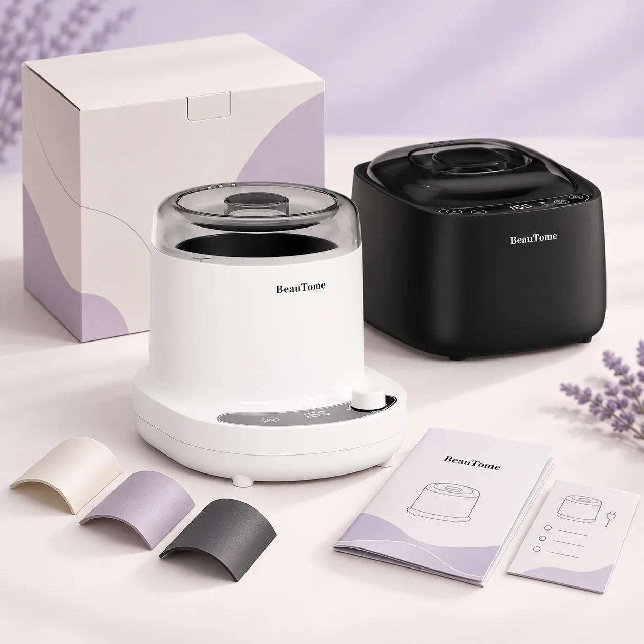 BeauTome private-label program — branded wax heater packaging, manuals and color samples